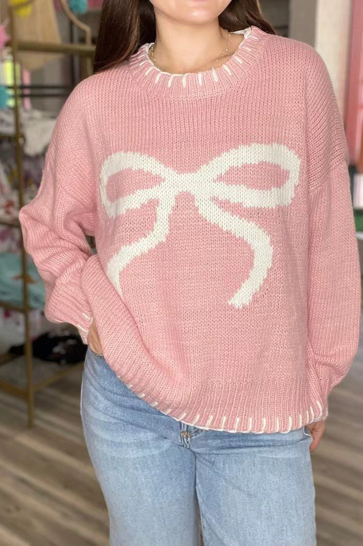 Slouchy Bow Jacquard Loose Pullover Sweater