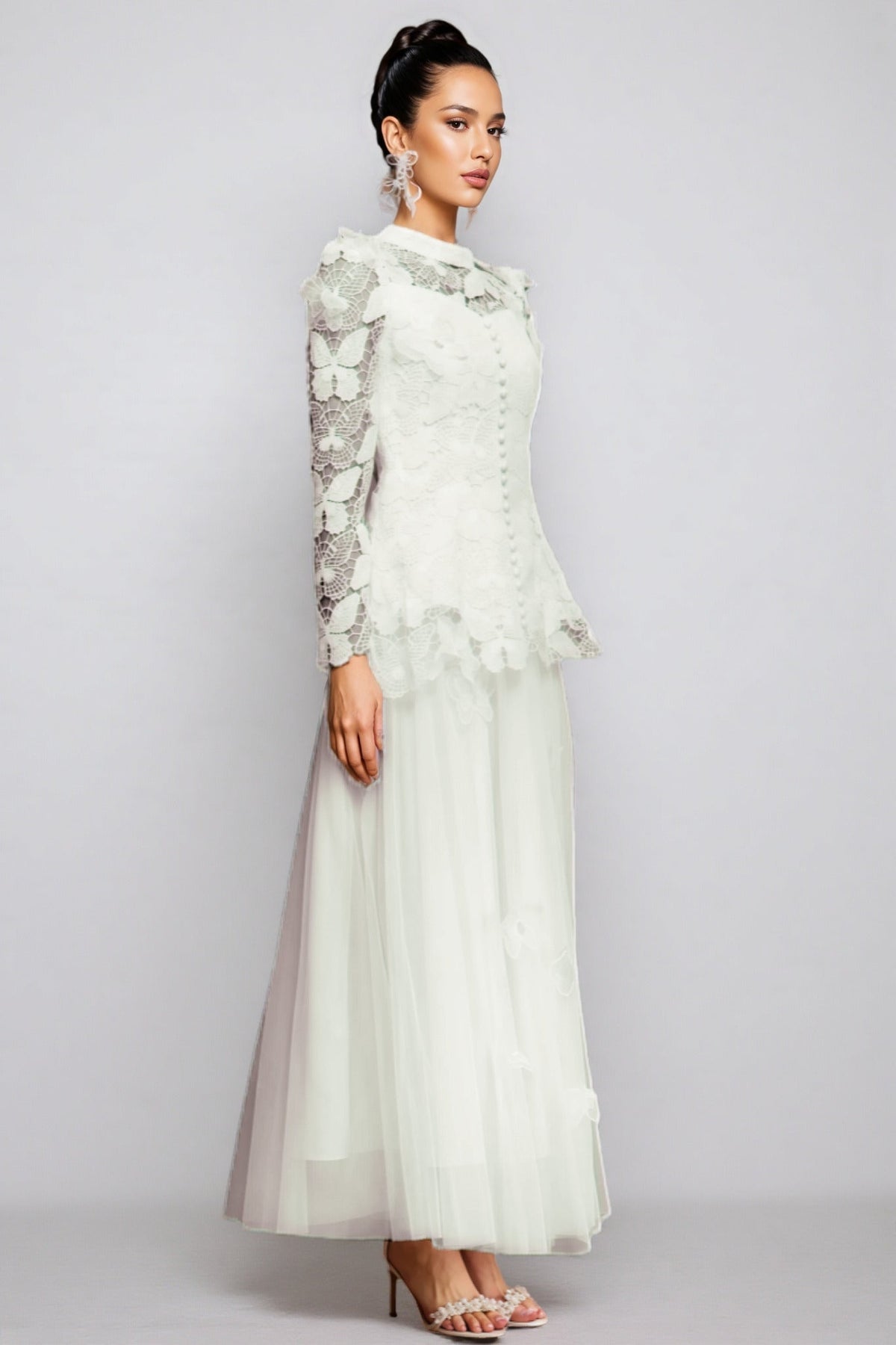 Greetk Folds Lace Butterfly Top Maxi Dress Two-piece Set