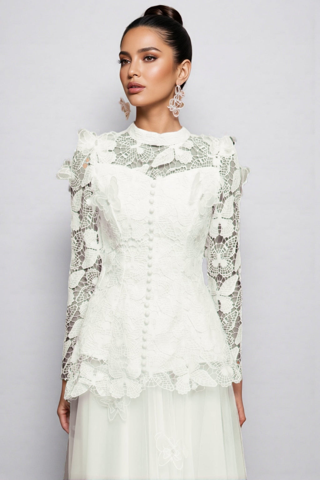 Greetk Folds Lace Butterfly Top Maxi Dress Two-piece Set