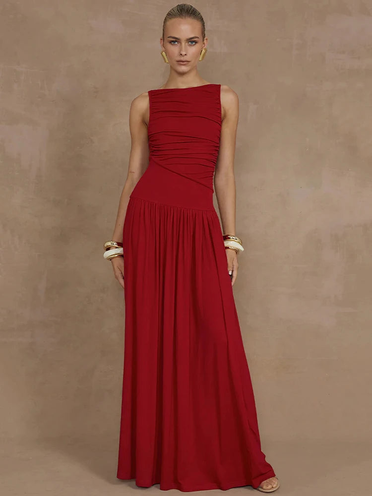 Sleeveless Maxi Dress for Boat Neck Tank Dresses Ruched Long Dress New Gown