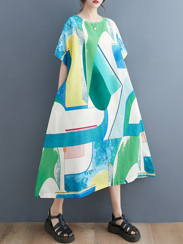 Short Sleeves Loose Contrast Color Round-neck Midi Dresses