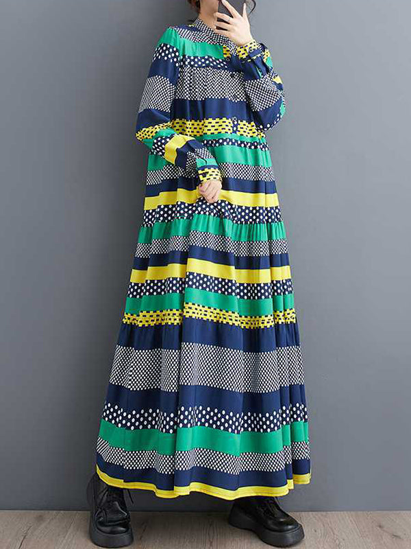 A-line Long Sleeves Buttoned Polka-dot Split-joint Round-neck Midi Dresses