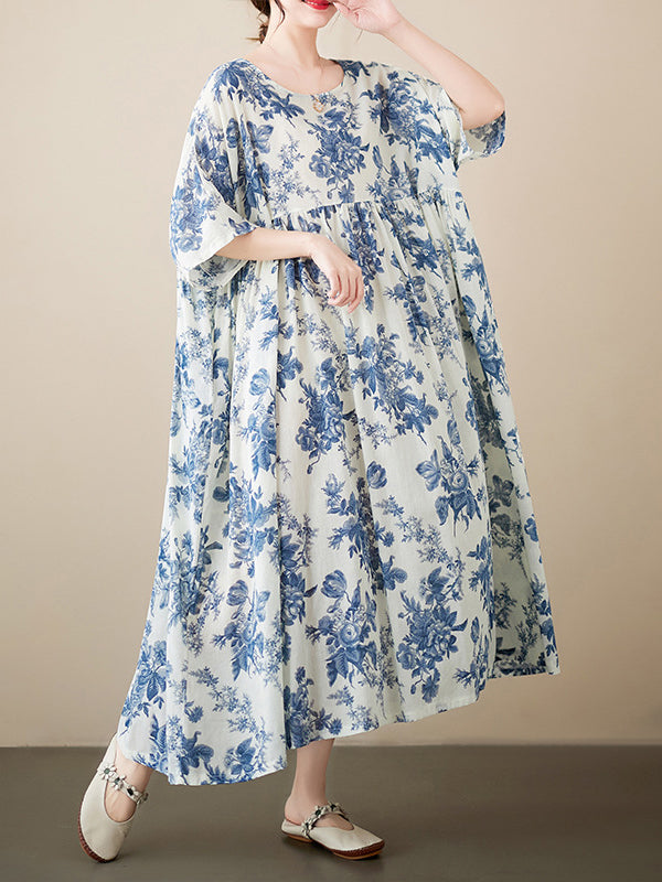 Loose Short Sleeves Printed Pleated Split-joint Round-neck Midi Dresses