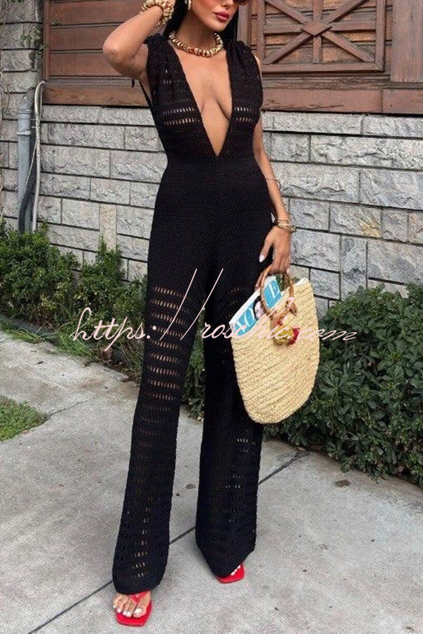 Color Knitted V-neck Holiday Hollow Jumpsuit