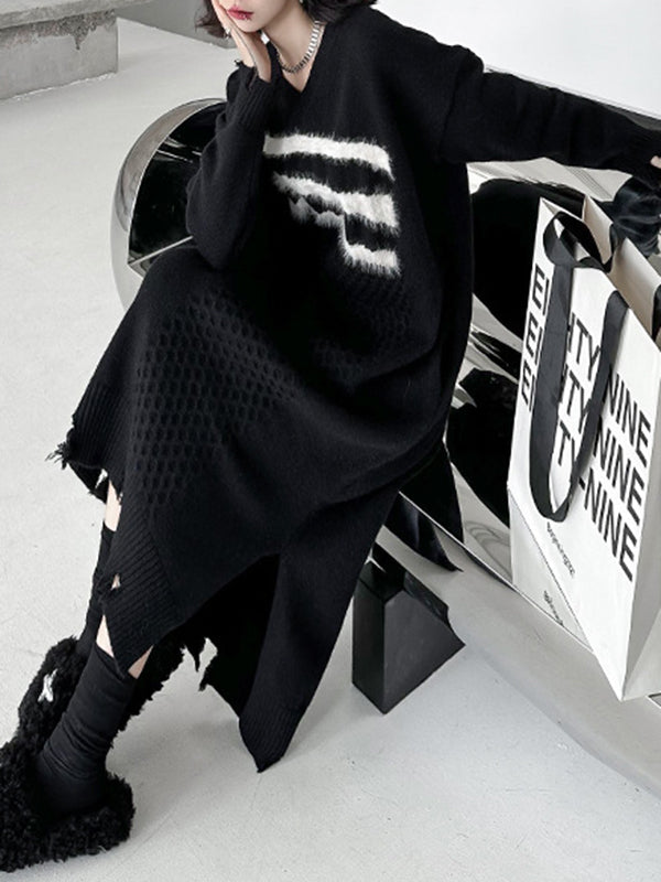 Long Sleeves Loose Split-joint Split-side V-neck Midi Dresses Sweater Dresses