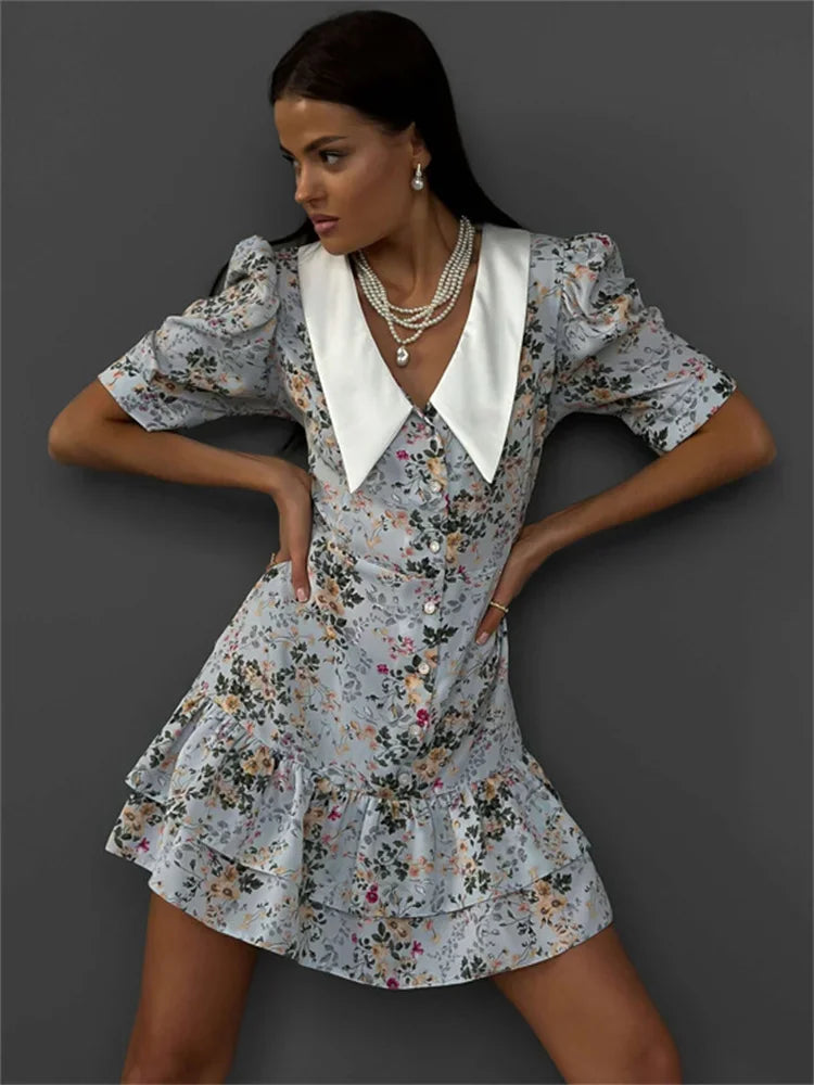 Printed Ruffled V-neck Mini Dress Female Short Sleeve Slim High Waist Party Dress ’s Summer Dress New