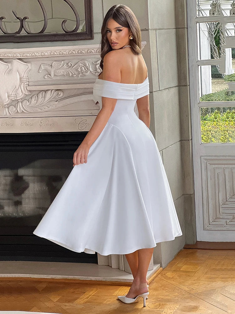 Off-shoulder Backless Midi Dress for Strapless Sleeveless A-line Loose Pleated Long Dress