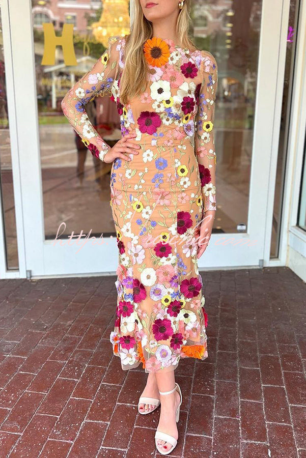 Dignified and Refined Charm Embroidered Applique Long Sleeve Fish Tail Midi Dress