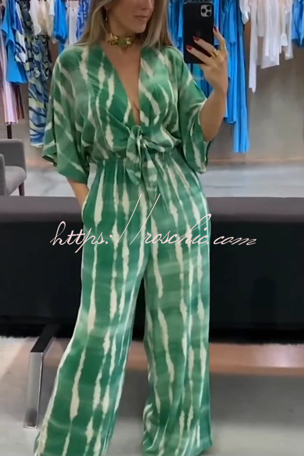 Striped Print V-neck Lace-up Wide-leg Jumpsuit