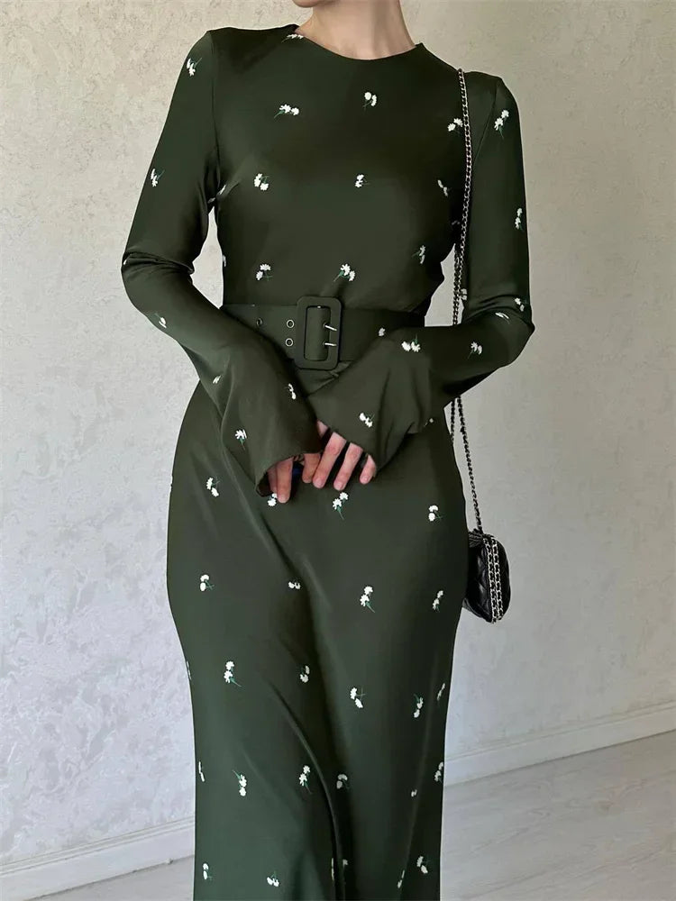 High Waist Long Dress Long Sleeve Slim Ruffled Patchwork Party Dress Printed Maxi Dress