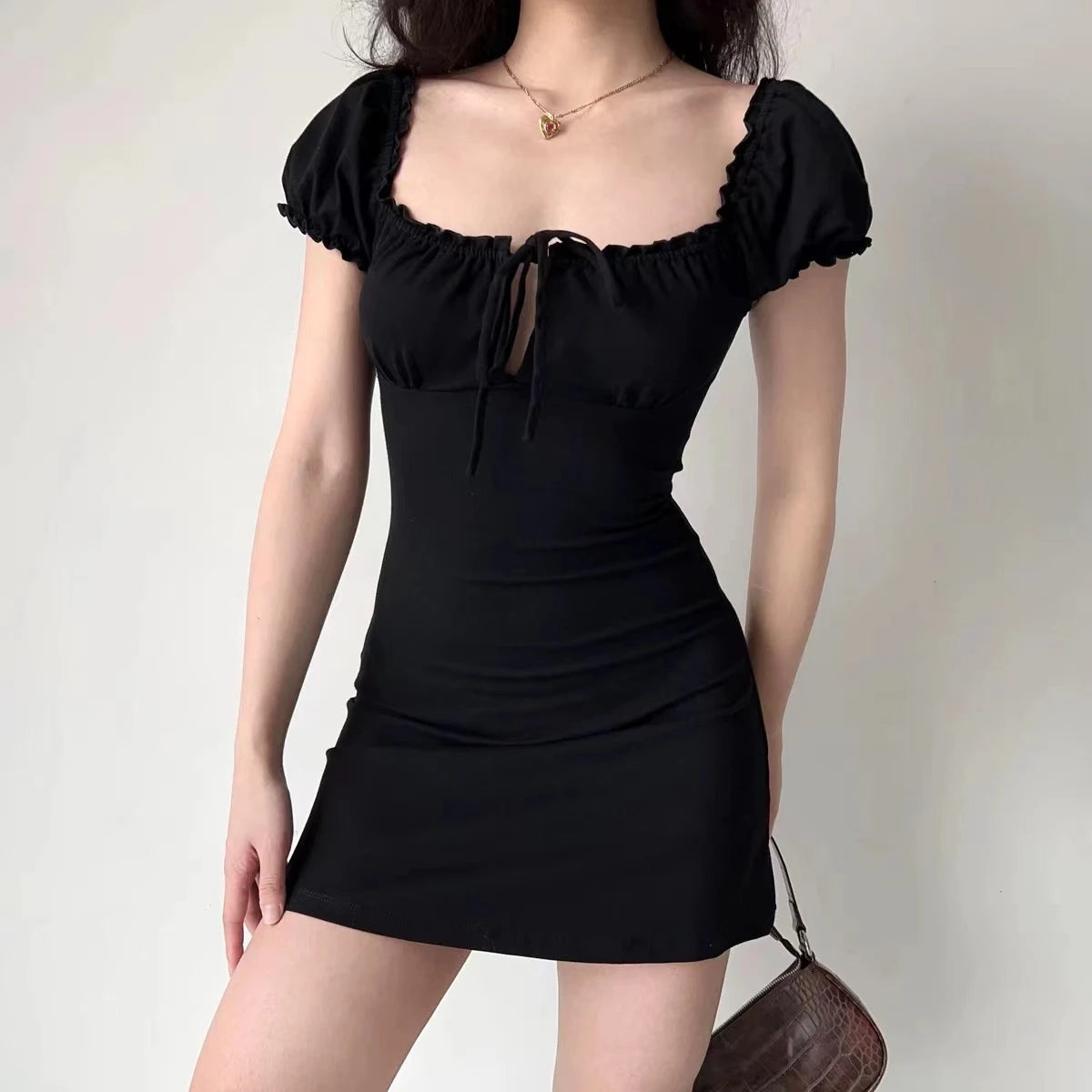 Summer Mini Dress Short Sleeved Lace Up Hollow Backless Folds Bodycon Black Dress Party A-line Dresses