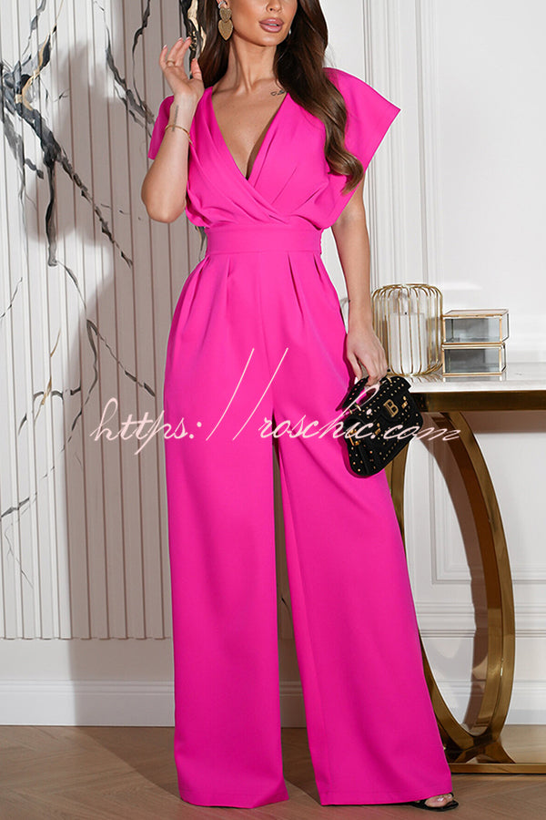 Color V-neck Waist Wide-leg Jumpsuit