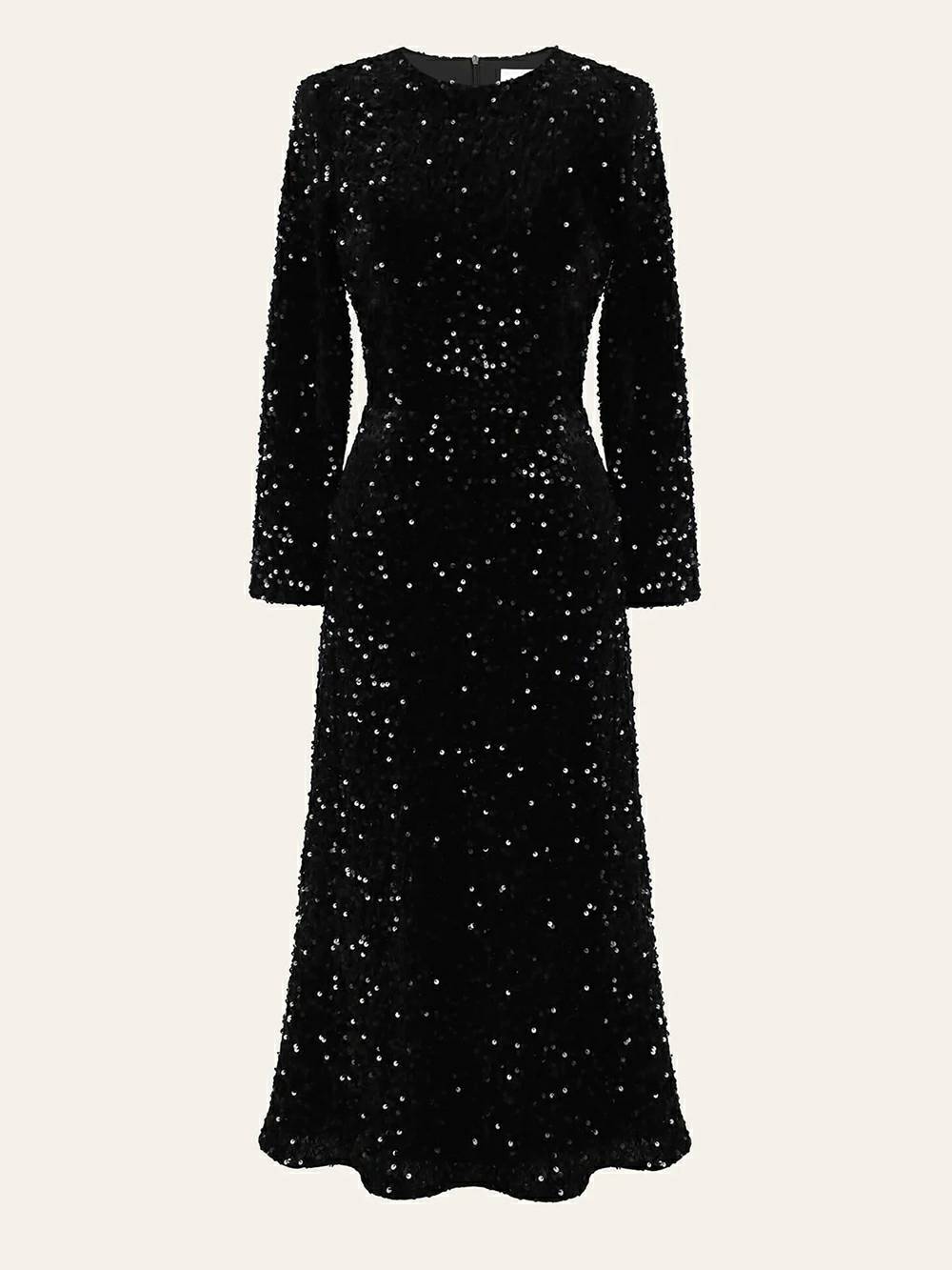 Sequin Decorated Velvet Midi Dress in Black