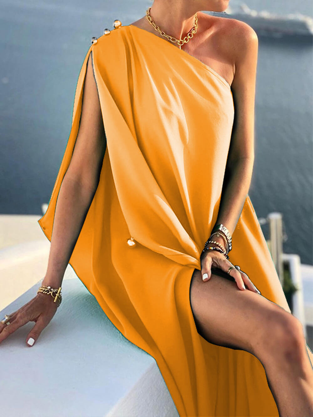 Fashionable Color Loose One Shoulder Maxi Dress