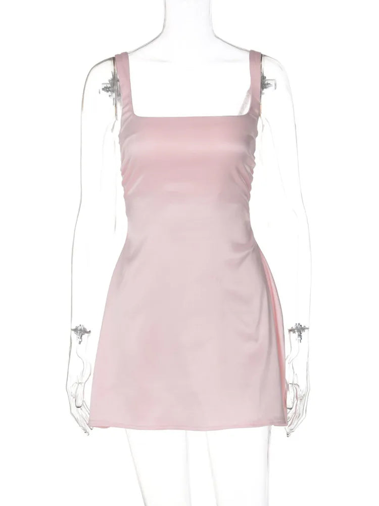 Satin Square Collar Backless Mini Dress for Color Sleeveless A-line Bodycon Club Party Dress