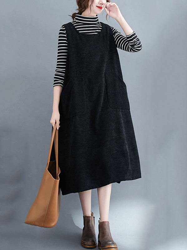 Corduroy Sleeveless Split-joint Round-neck Midi Dress