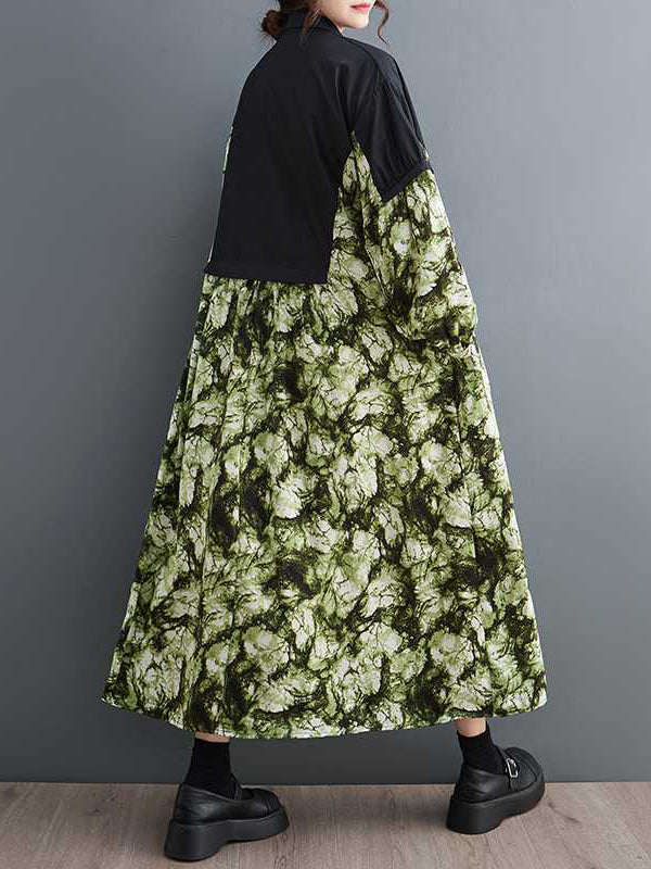 Long Sleeves Loose Buttoned Printed Split-joint Lapel Midi Dresses