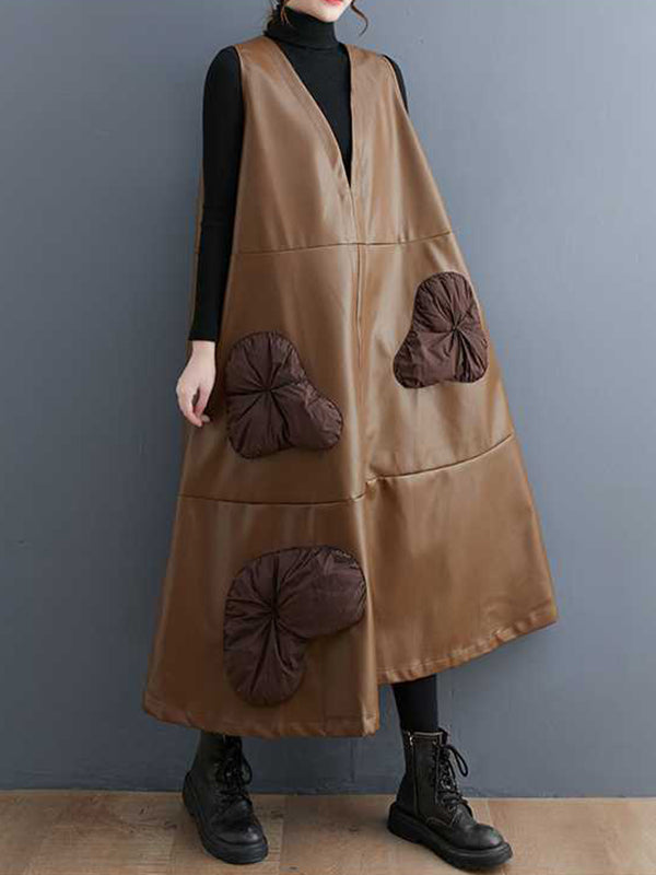 A-line Loose Flower-embellished Split-joint V-neck Midi Dresses