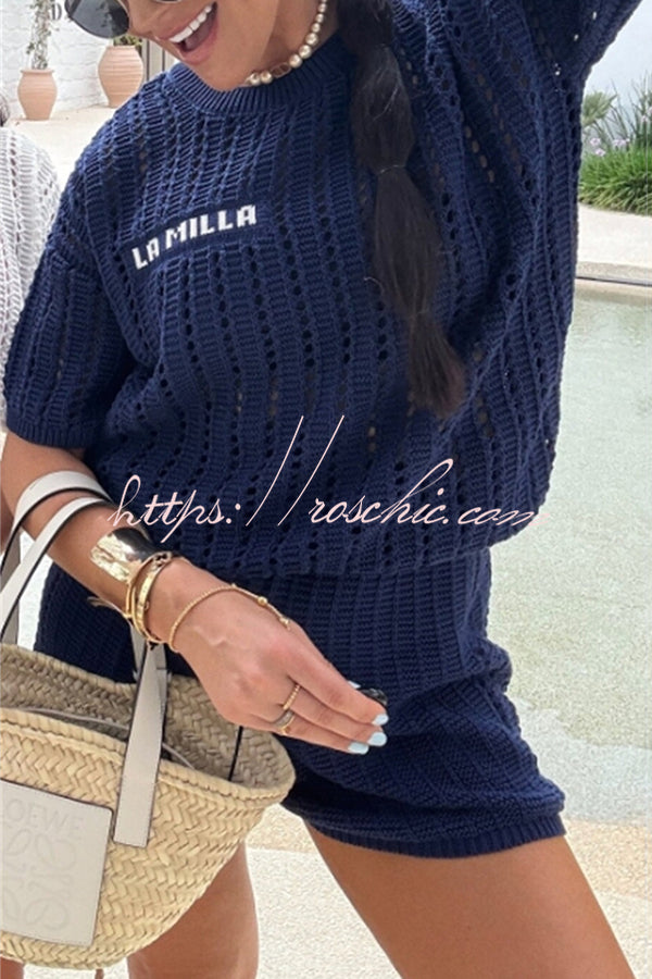 Fashionable Hollow Knit Short-sleeved Top and Elastic High-waist Shorts Set