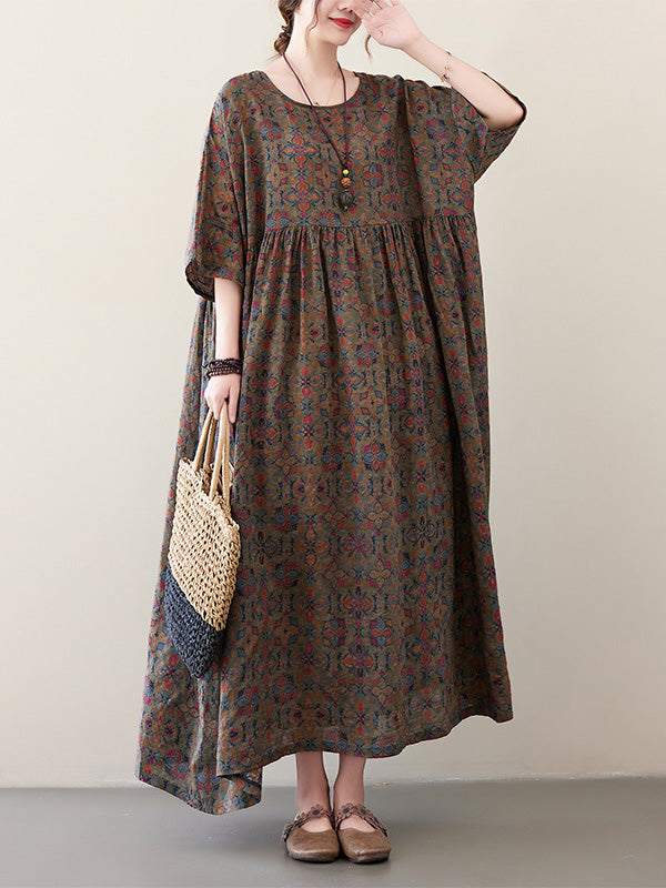 Vacation Loose Half Sleeves Printed Pleated Round-neck Midi Dresses
