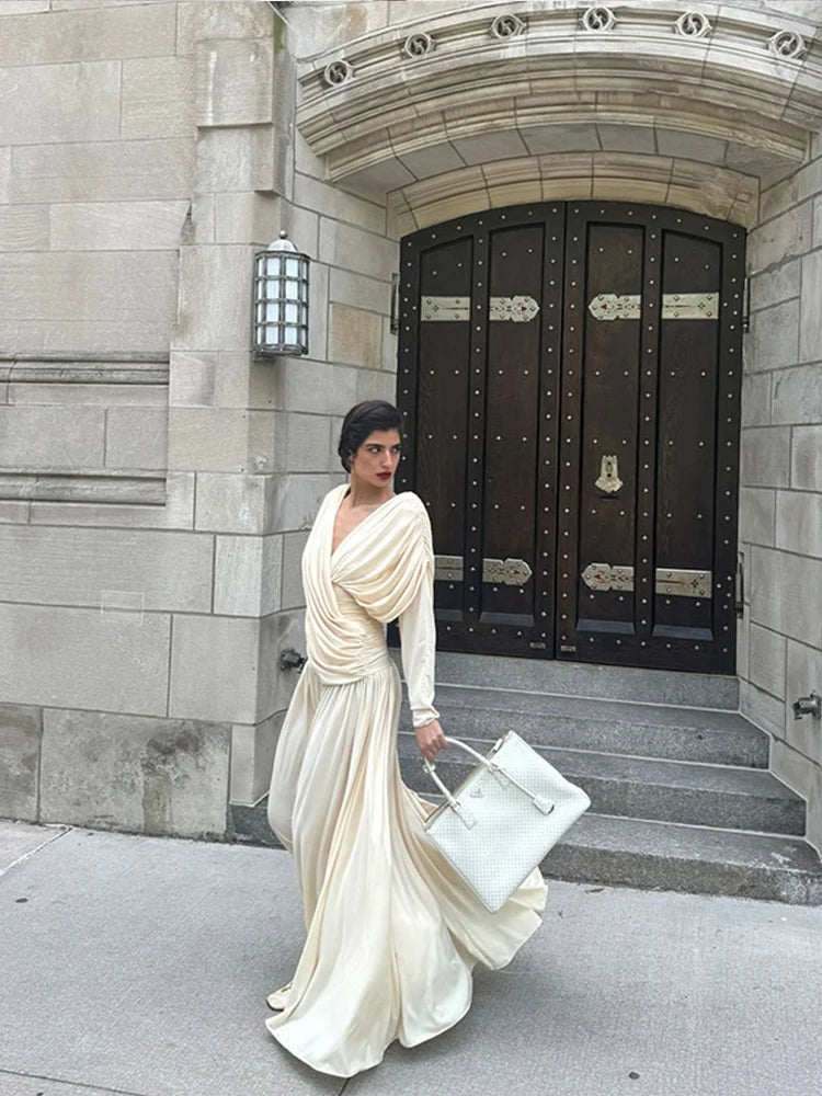 V-neck Draped Maxi Dress Long Sleeves Backless Slim Dresses New Summer Female High