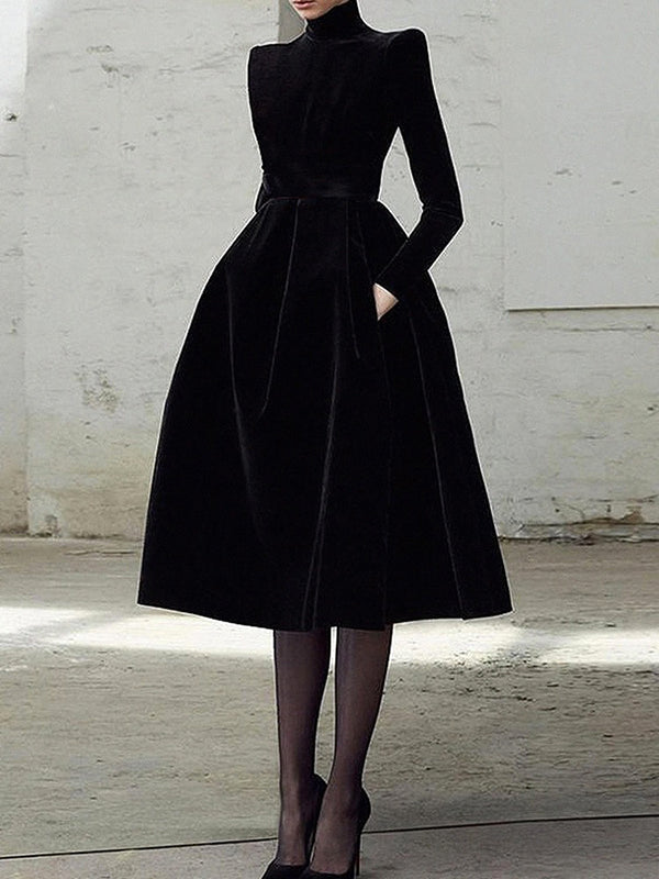 Long Sleeves Skinny Color High Neck Midi Dresses