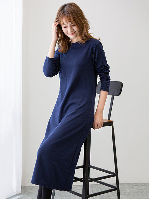 Simple Color Round-neck A-line Midi Dress