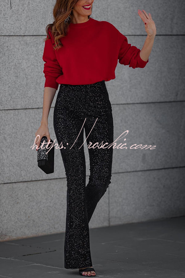 Diva Sequin High Rise Elastic Waist Flare Pants(shipped Within 24 Hours)