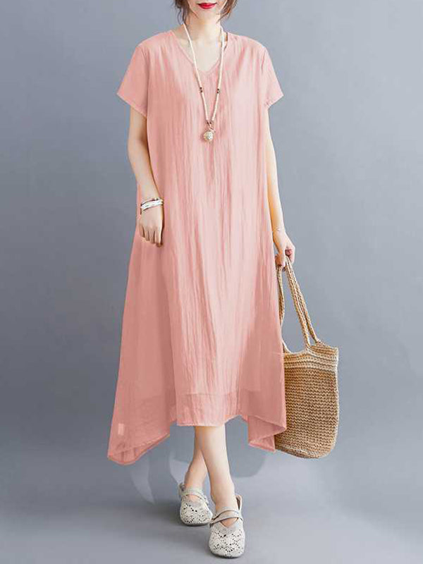 A-line Loose Color V-neck Midi Dresses