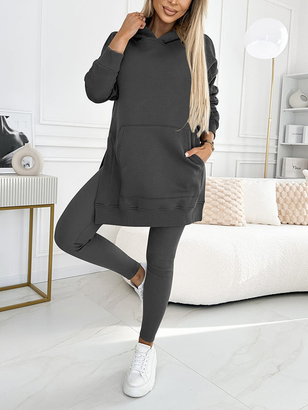 (s-5xl) Color Hoodie and Lined Leggings Two-piece Set