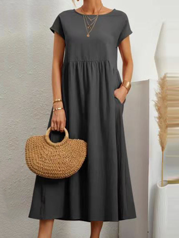 11 Colors Simple Round-neck Color Midi Dress
