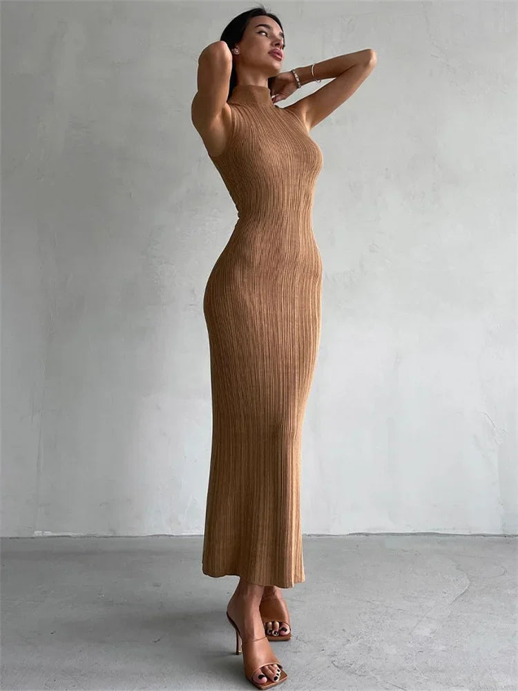 Sleeveless Knitwear Turtleneck Long Dress Female Slim Autumn Ribbed Knit Dress for Maxi Dress