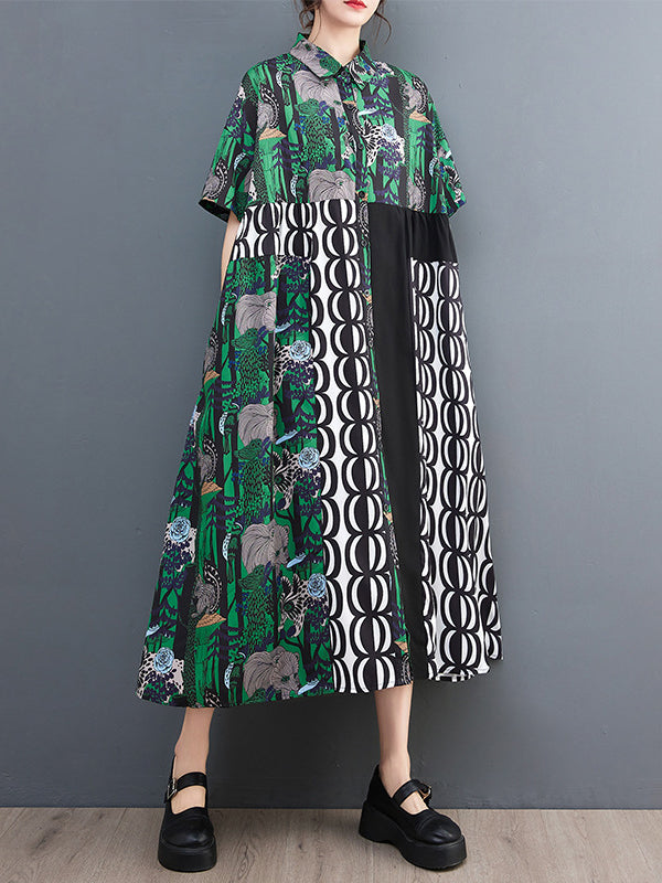Short Sleeves Loose Printed Split-joint Lapel Midi Dresses Shirt Dress