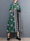 Short Sleeves Loose Printed Split-joint Lapel Midi Dresses Shirt Dress