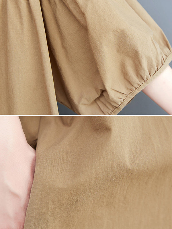 Loose Short Sleeves Color Round-neck Midi Dresses