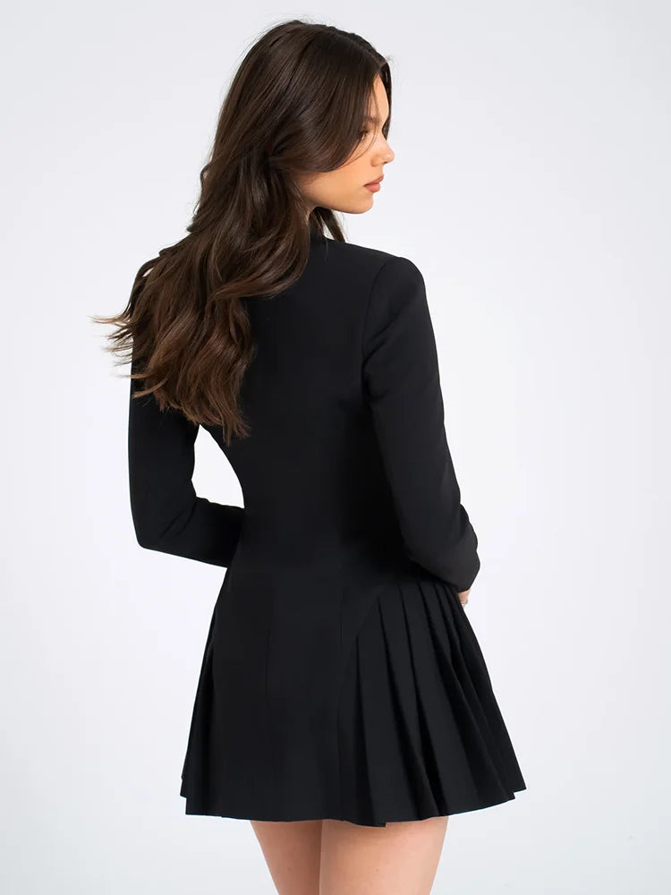 Autumn Black Blazer Mini Dress for V Neck Single-breasted Long Sleeve High Waist Pleated Dress