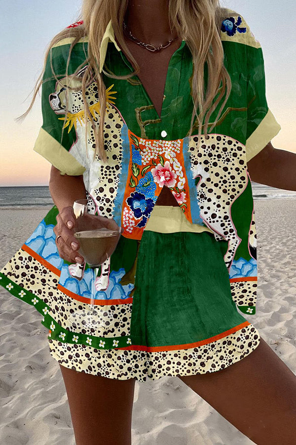 Leopard Print Loose Button Elastic Waist Shorts Set
