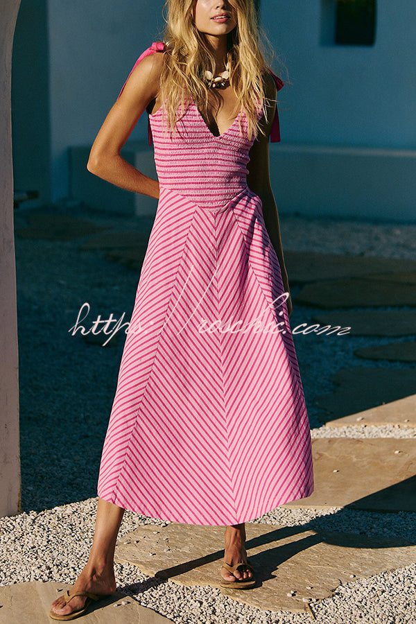Striped Print V-neck Lace-up Backless Holiday Midi Dress