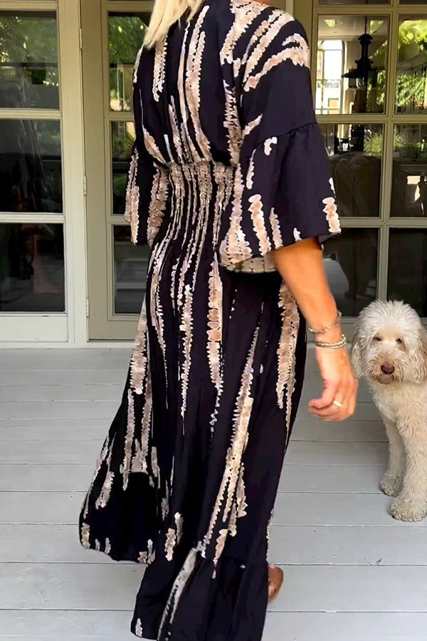 Retro 3\/4 Sleeve Print Midi Dress