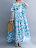 Loose Short Sleeves Leaf Pleated Printed Split-joint Round-neck Midi Dresses