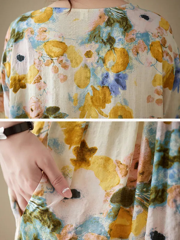 A-line Loose Printed Round-neck Midi Dresses