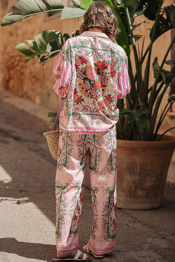 Charm Unique Print Loose Blouse and Elastic Waist Pocketed Pants Set