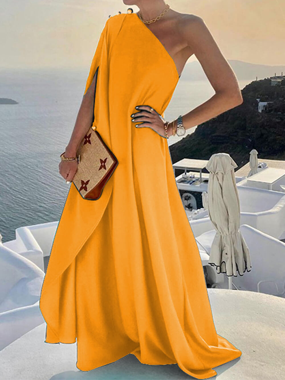 Fashionable Color Loose One Shoulder Maxi Dress