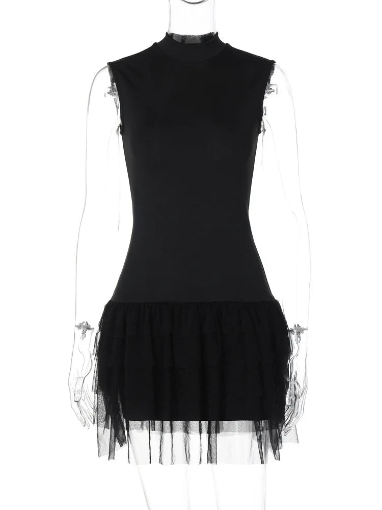 Stand Color Sleeveless Mini Dress for Black Skinny Tank Dresses Femme Mesh Bottom Dress
