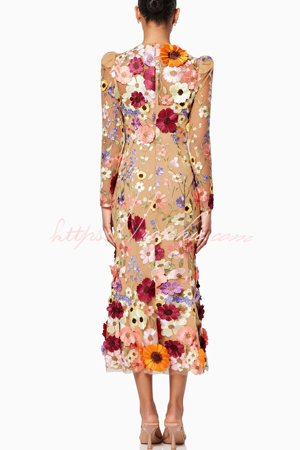 Dignified and Refined Charm Embroidered Applique Long Sleeve Fish Tail Midi Dress
