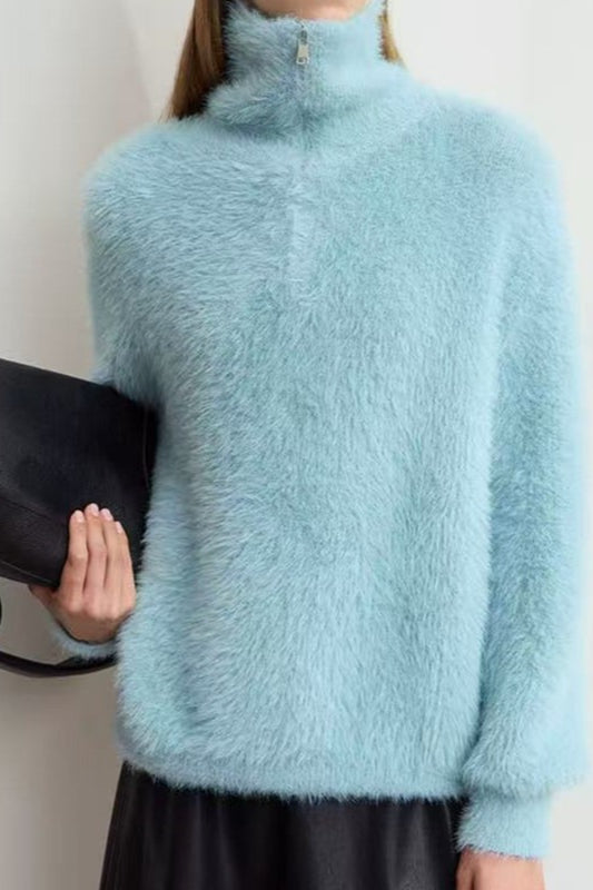 Faux Mink Slouchy Turtleneck Zip-front Sweater