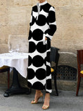 Long Sleeves Loose Polka-dot Split-side Stand Collar Midi Dresses