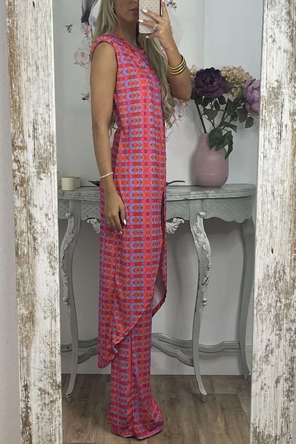 Retro Print Split Top Two-piece Set