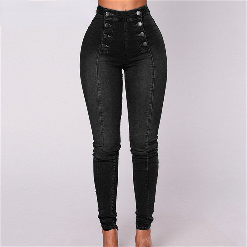Skinny Double-breasted High Waist Pencil Jeans Slim Fit Stretch Denim Pants Full Length Denim Tight