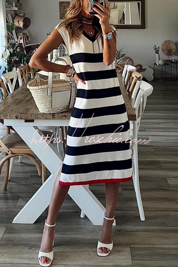 Cutest in the Room Striped V-neck Loose Slit Midi Dress